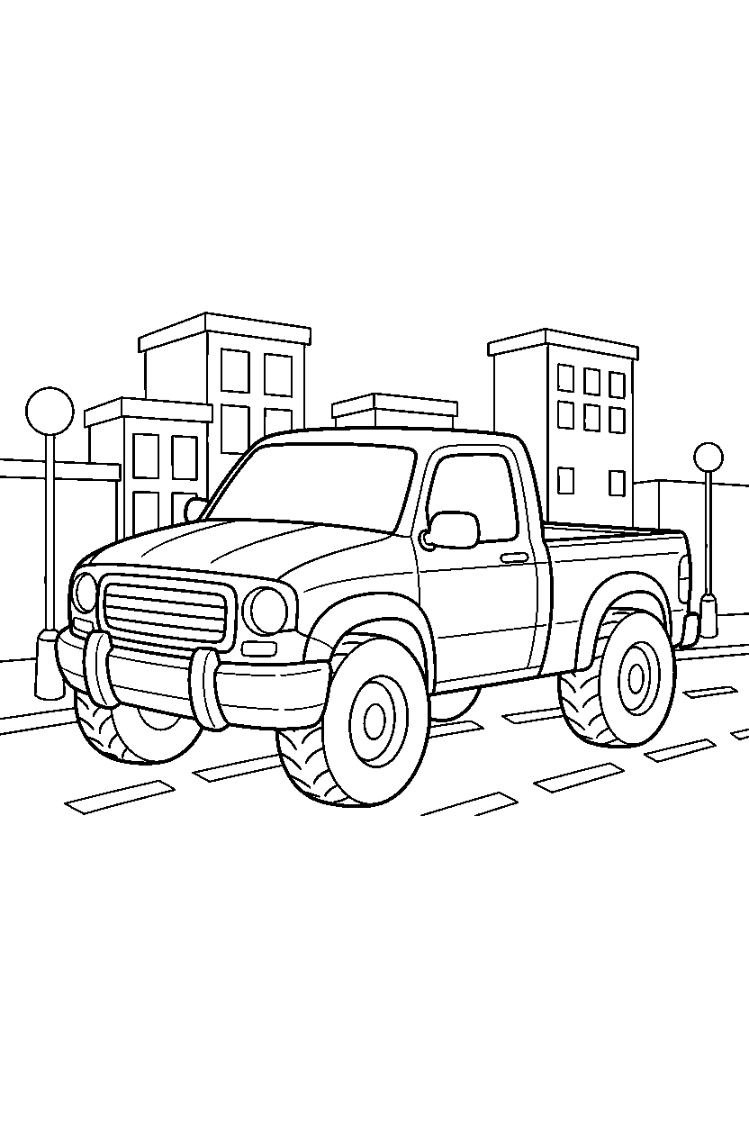 pickup truck standing proudly on a city street line art
