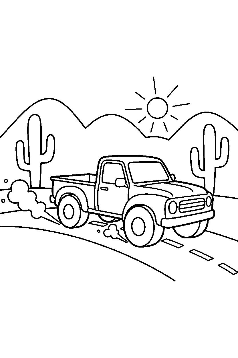pickup truck traveling on the road in a desert line art