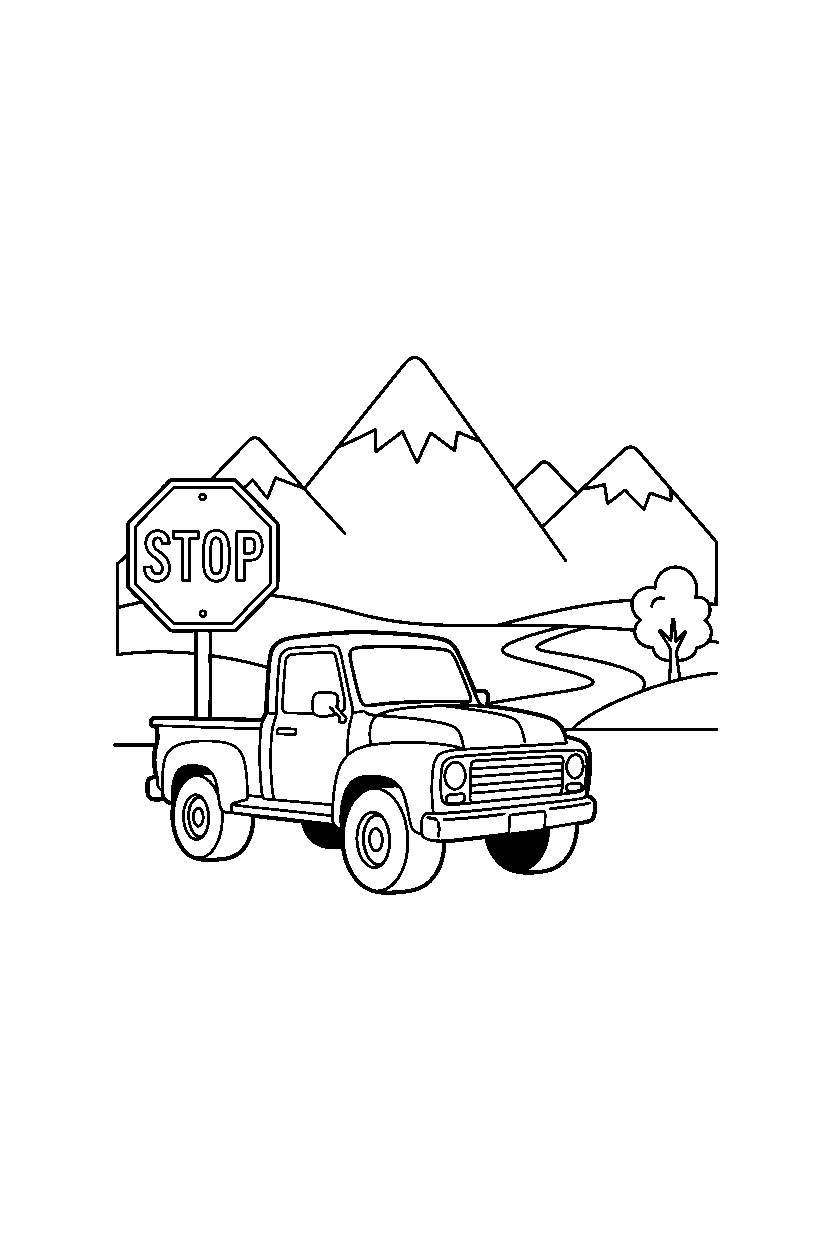 pickup truck waiting at a stop near mountains line art