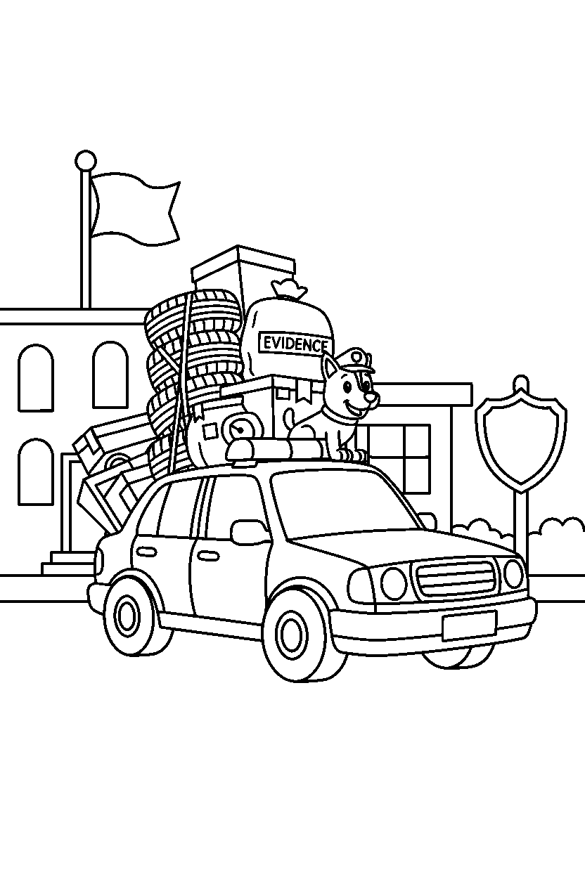 police car carrying cargo at a police station line art