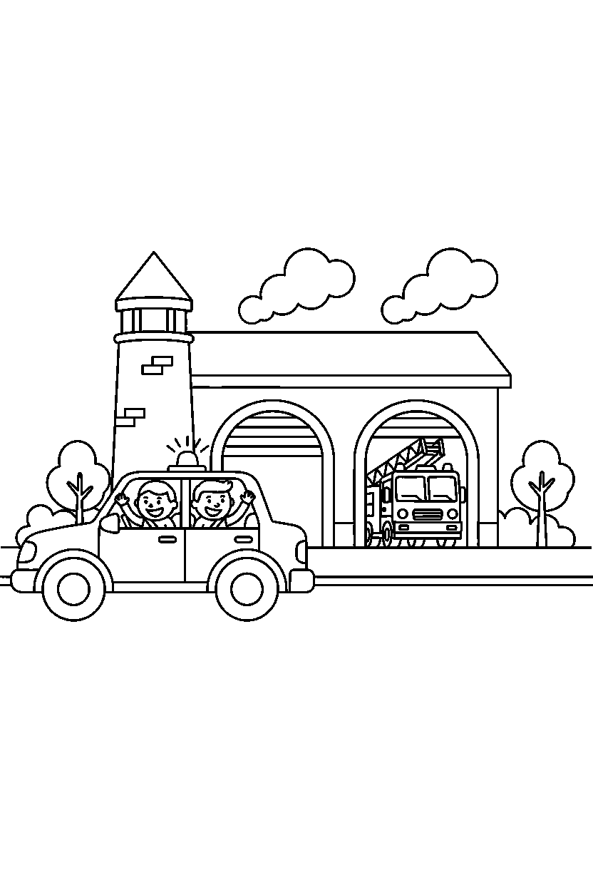 police car carrying passengers at a fire station line art