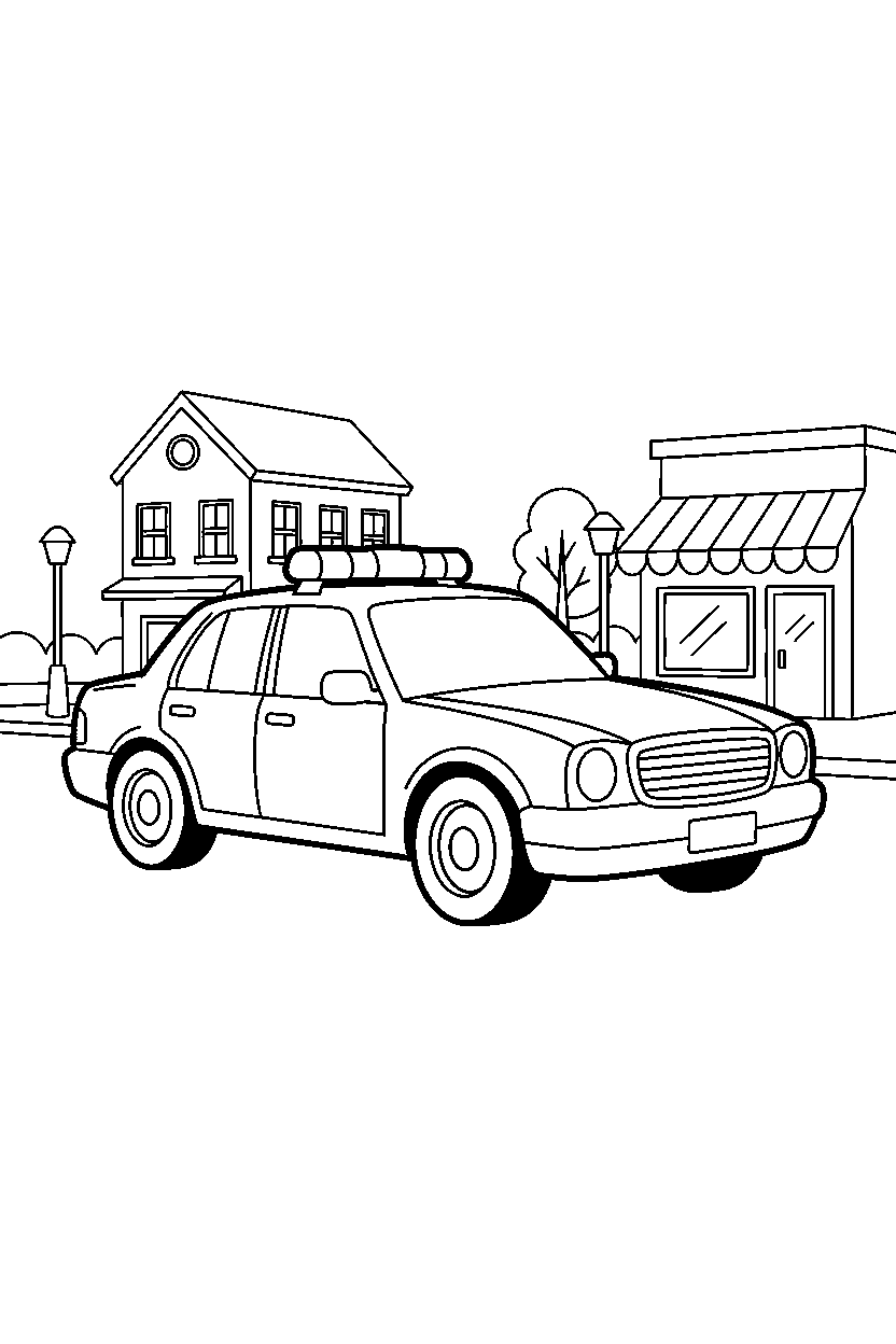 police car lined up neatly in a small town line art