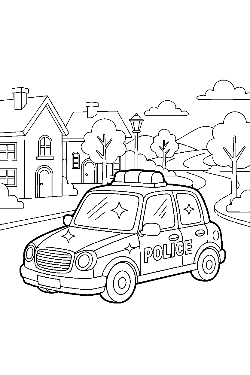 police car looking shiny in a small town line art