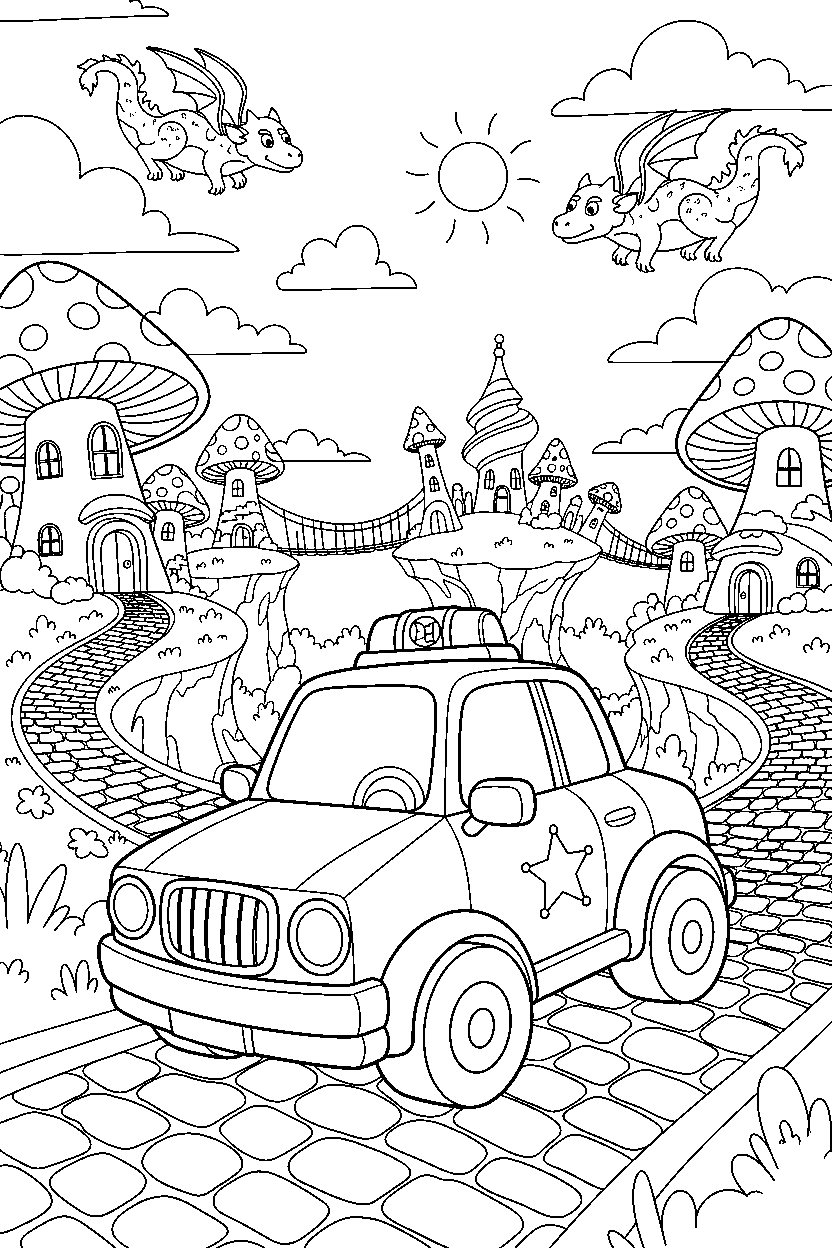 police car rolling along in a fantasy city line art