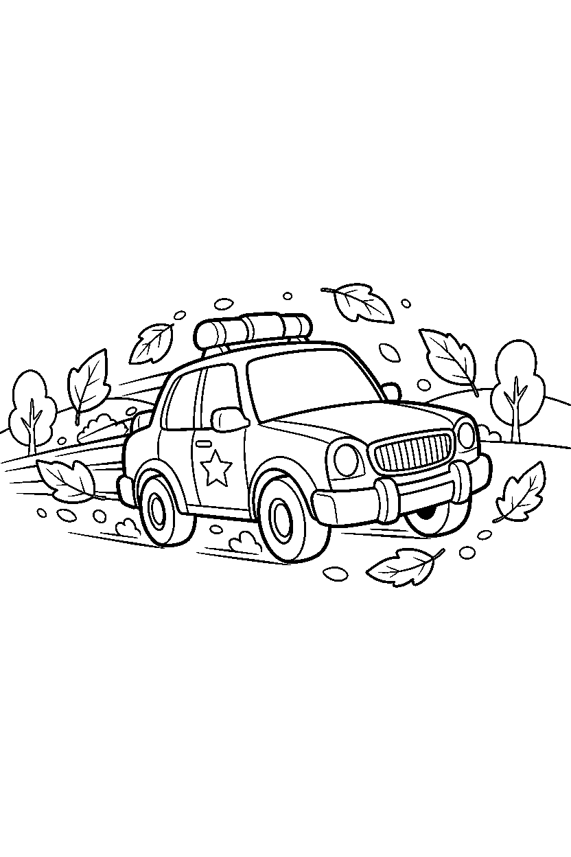 police car speeding up in autumn leaves line art