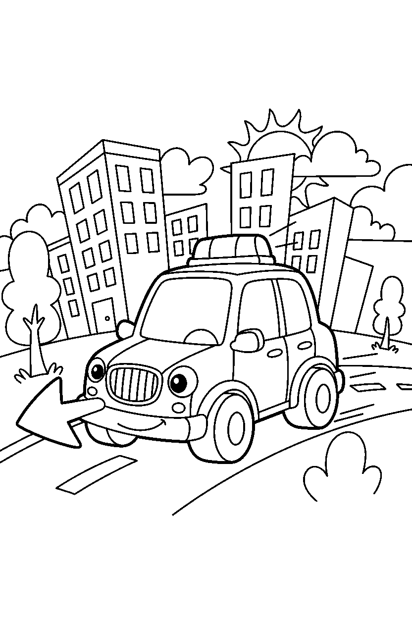 police car traveling to a new place in a cartoon city line art