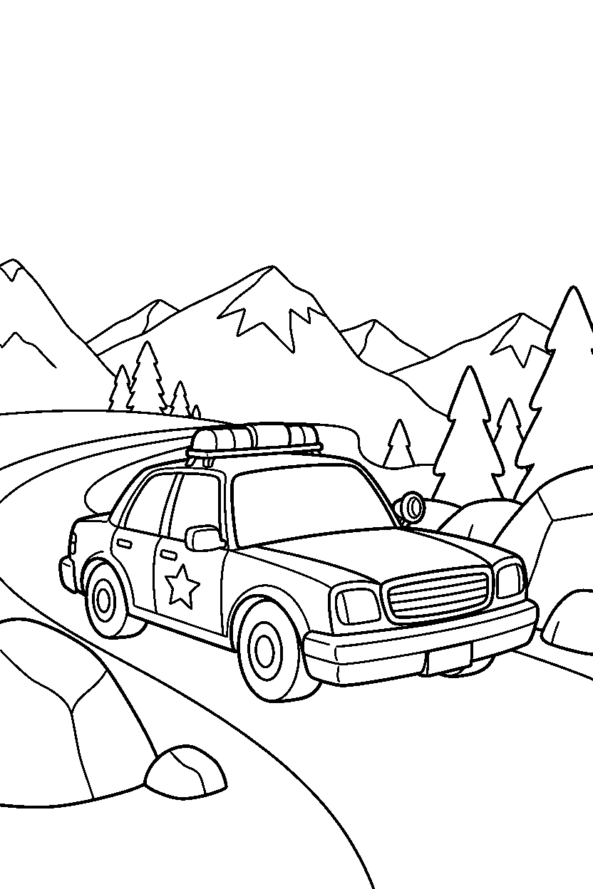 police car waiting patiently on a mountain road line art