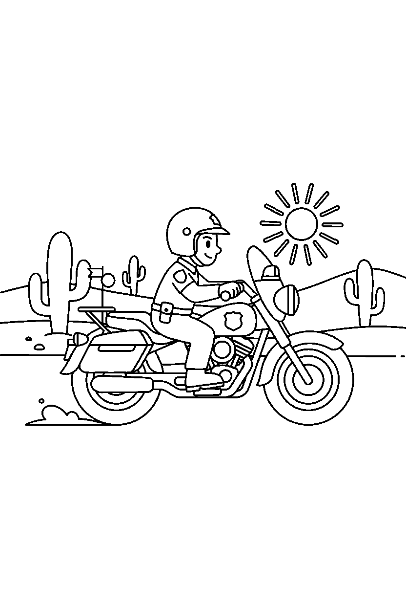 police motorcycle rolling in a desert line art