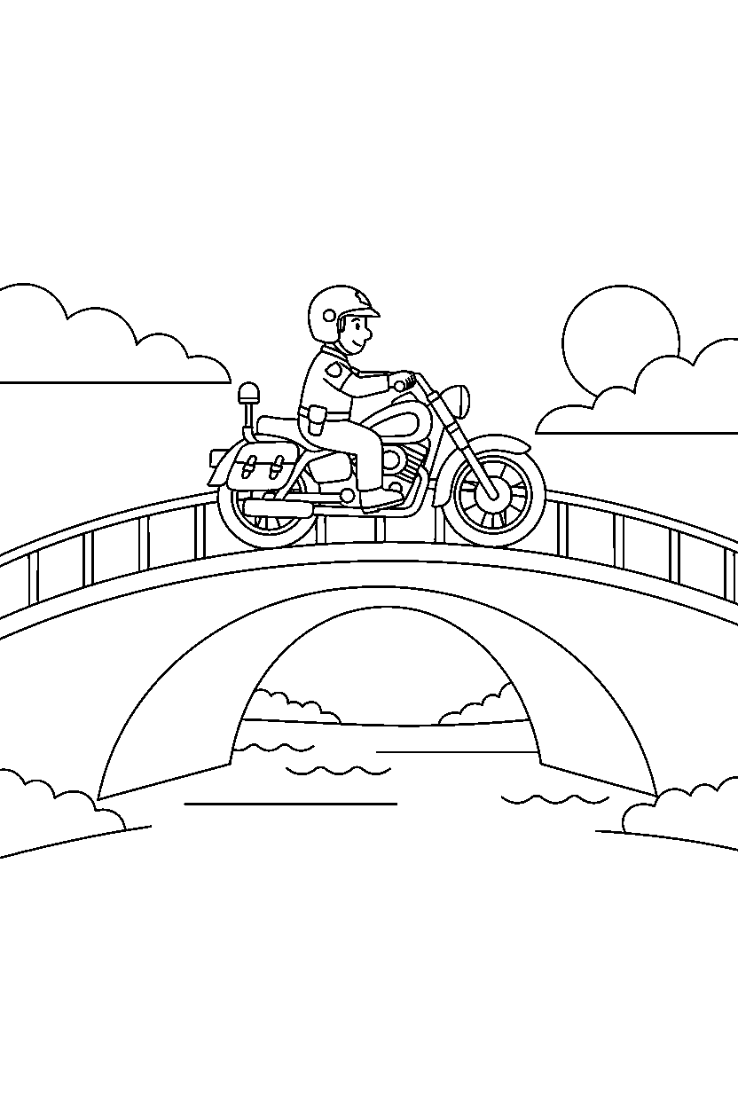 police motorcycle stopping safely on a simple bridge line art