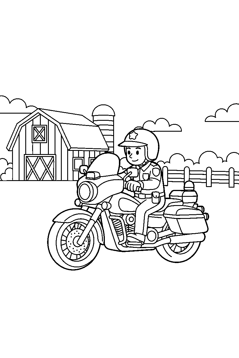 police motorcycle turning right near a farm line art