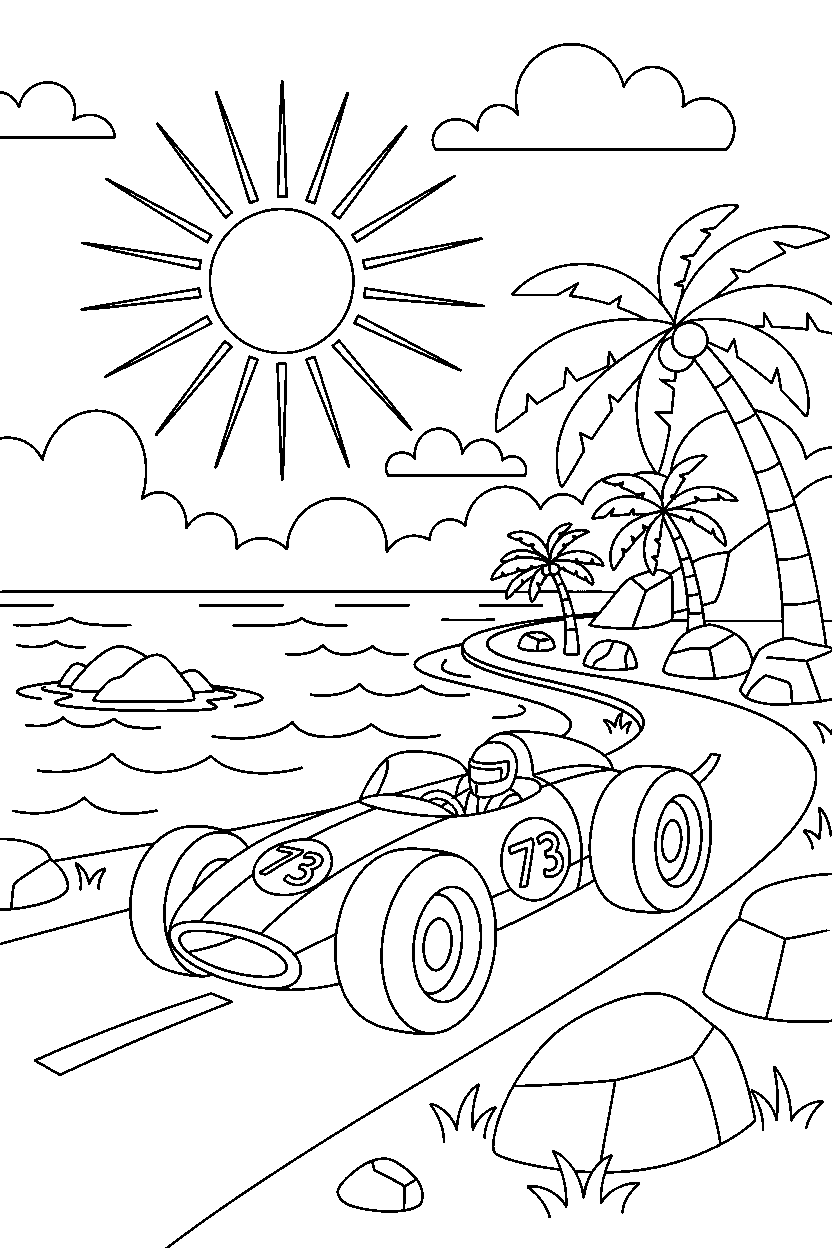 race car driving on a coastal road line art