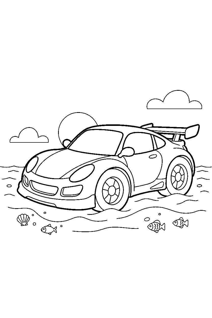 race car parking safely on the ocean line art