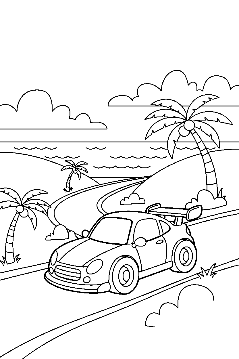 race car rolling on a coastal road line art