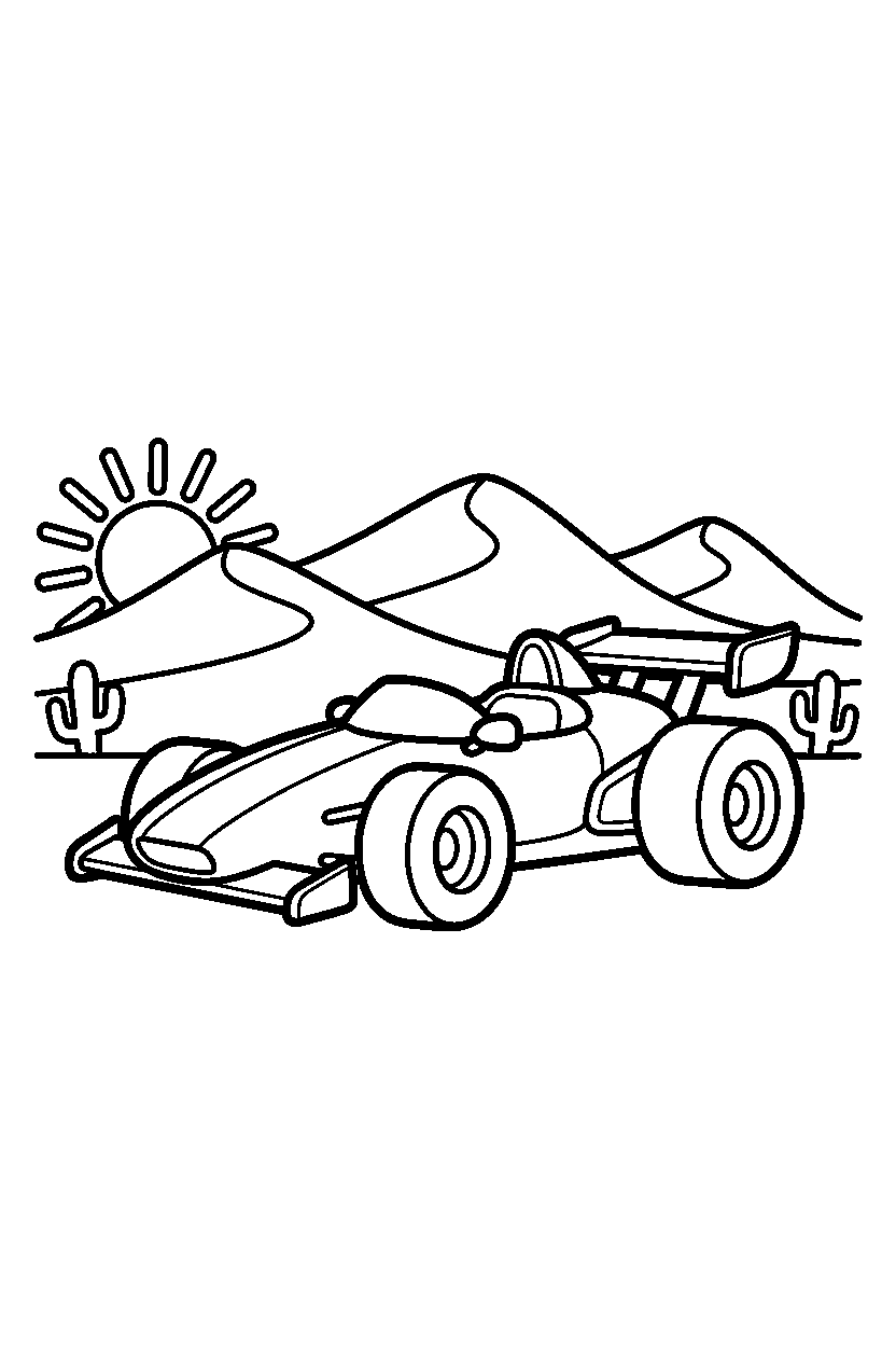 race car standing proudly in a desert line art