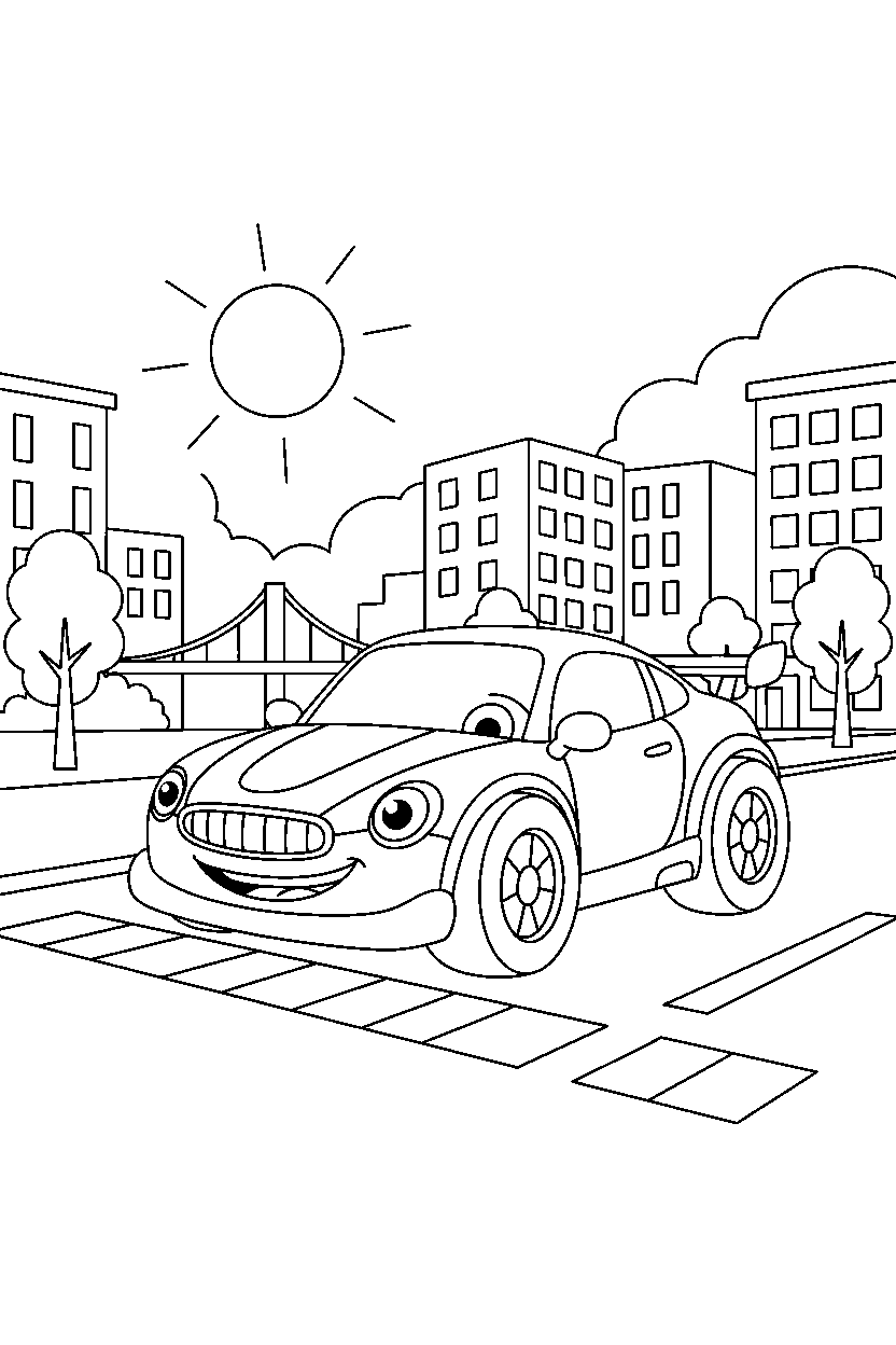 race car starting a trip on a city street line art