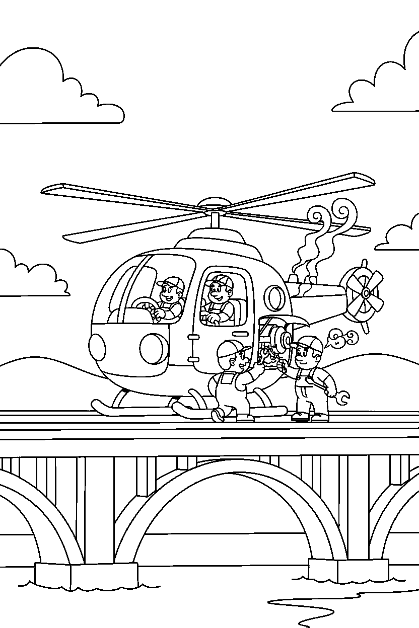 rescue helicopter getting repaired on a simple bridge line art