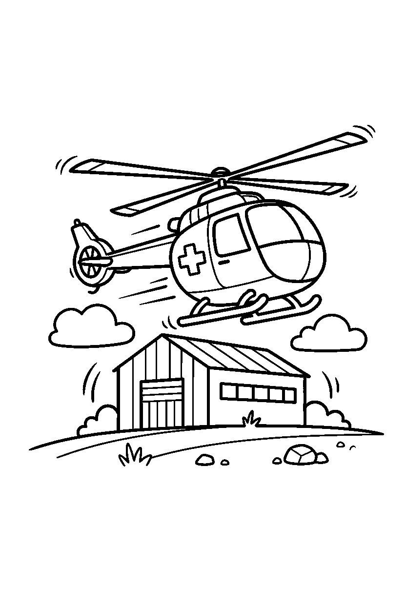 rescue helicopter speeding up near a warehouse line art