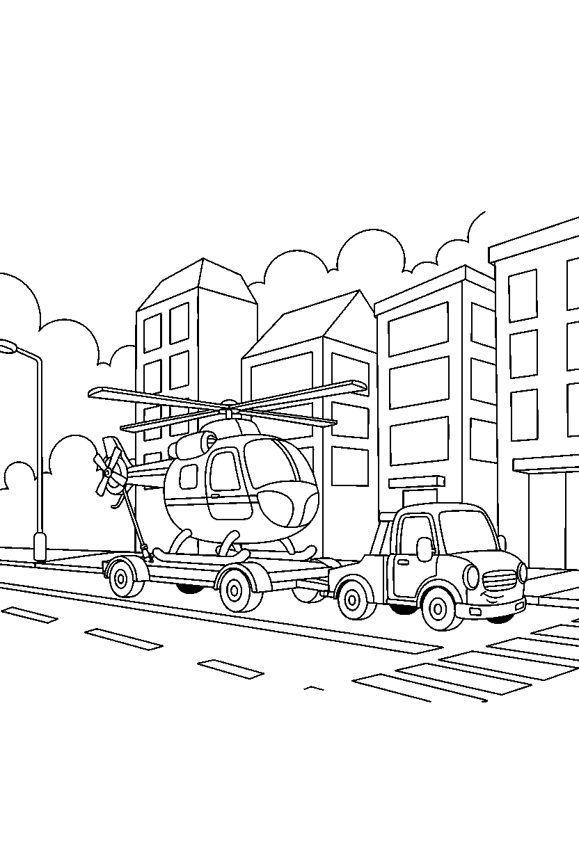 rescue helicopter traveling on the road on a city street line art