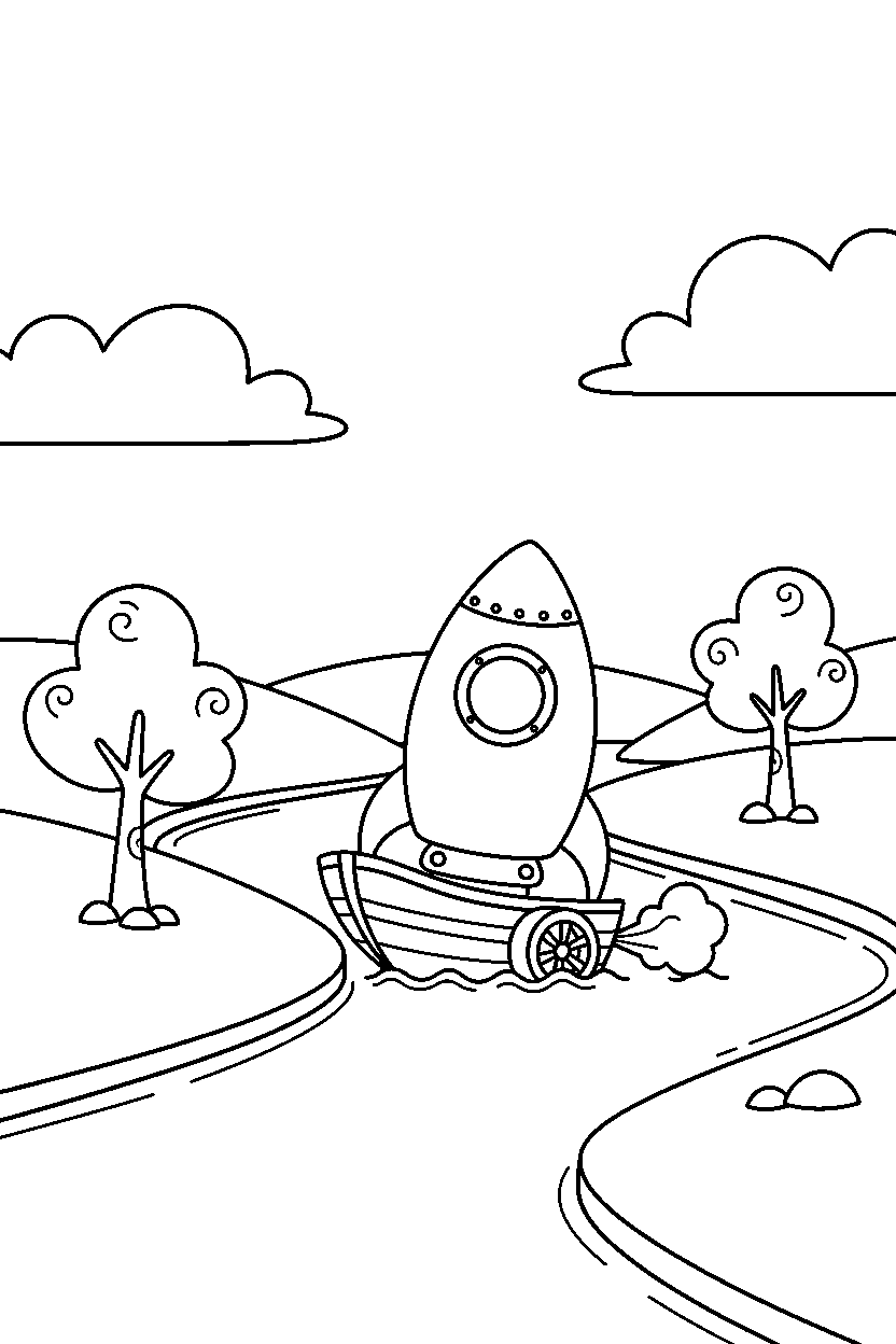 rocket ship moving carefully on a river line art