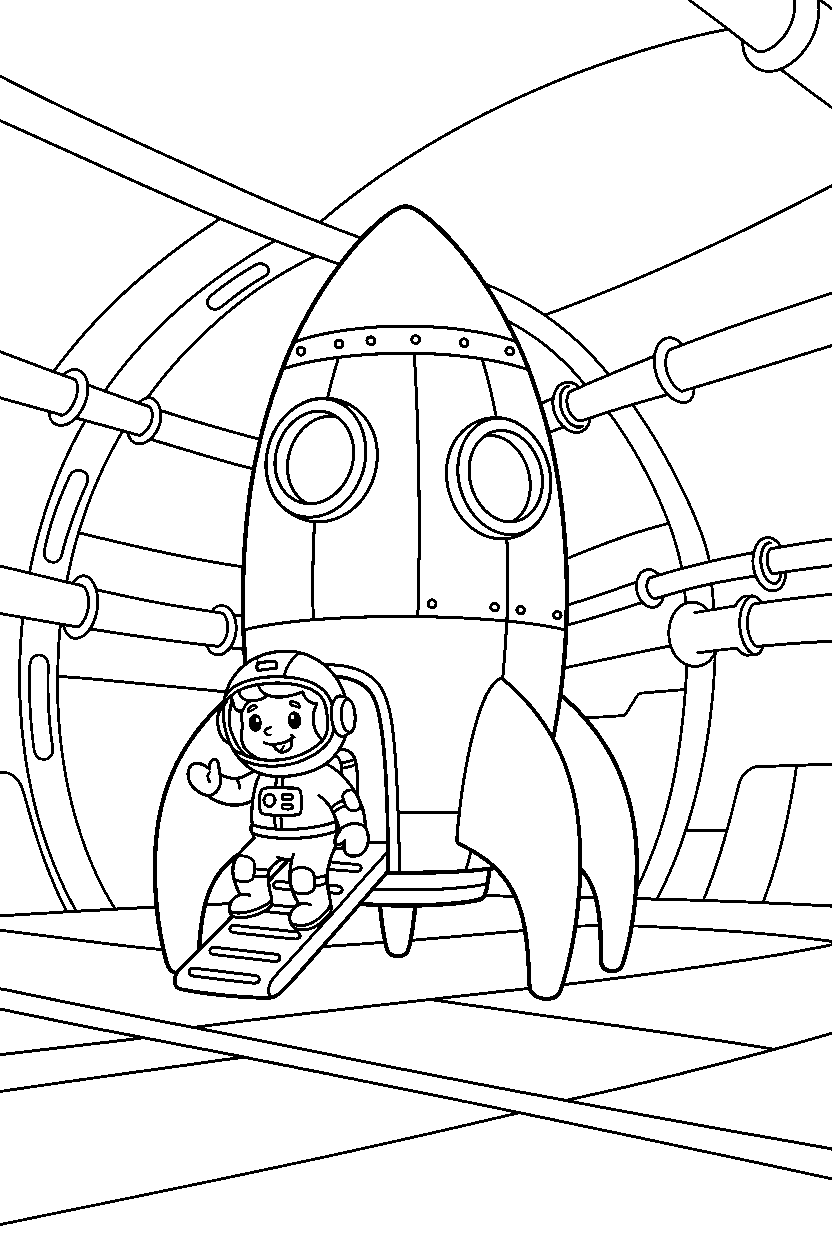 rocket ship picking up a passenger inside a tunnel line art
