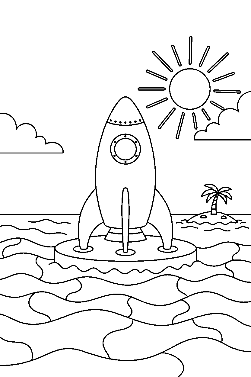 rocket ship waiting patiently on the ocean line art