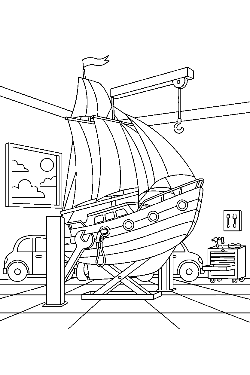 sailboat on duty at a car garage line art