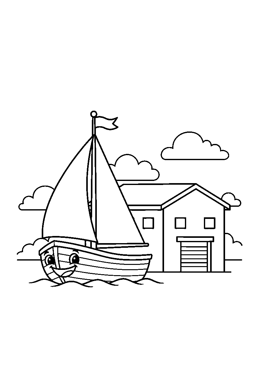 sailboat smiling happily near a warehouse line art