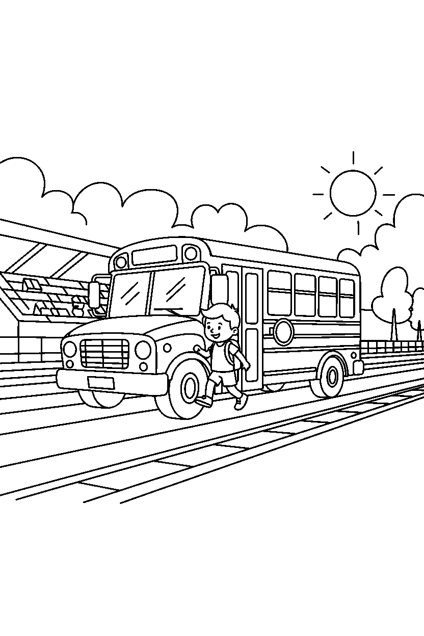 school bus dropping off a passenger on a race track line art