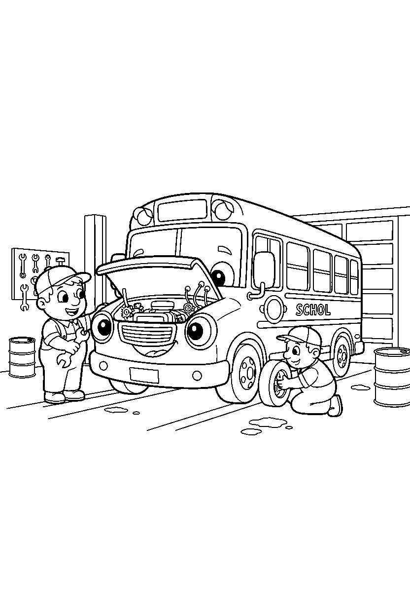 school bus getting repaired at a car garage line art
