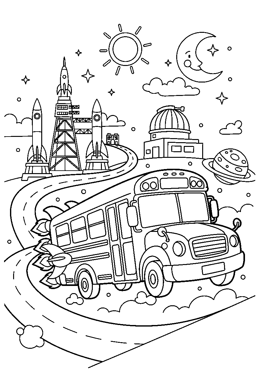 school bus going on a fun ride at a space center line art