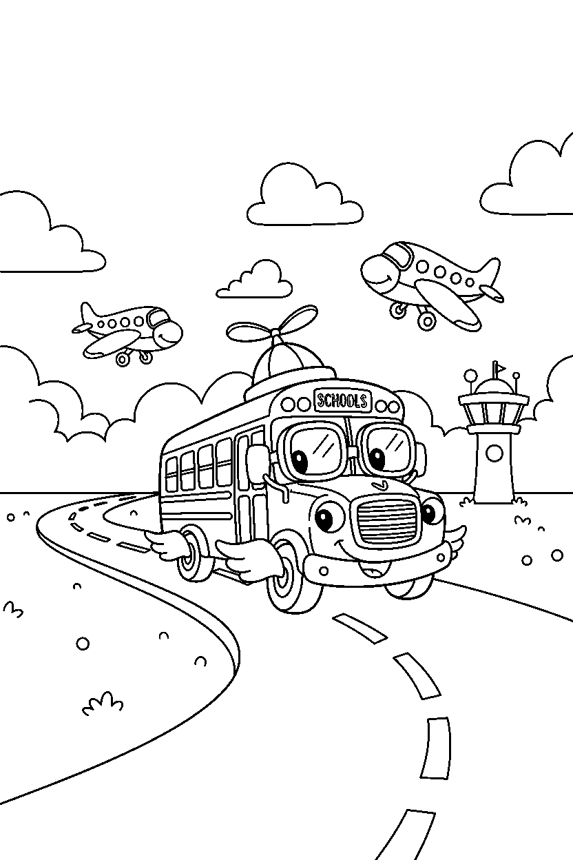 school bus going on a fun ride at an airport line art