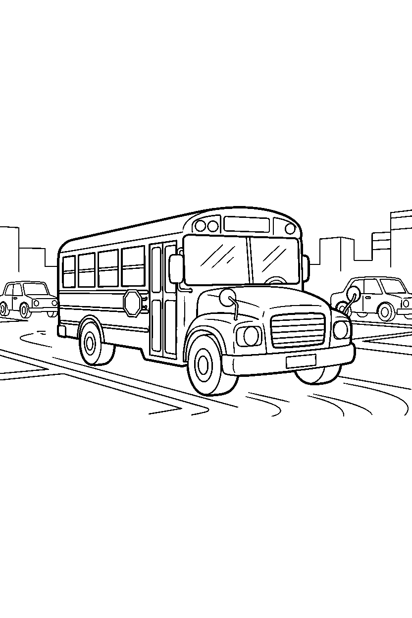 school bus moving forward at a parking lot line art