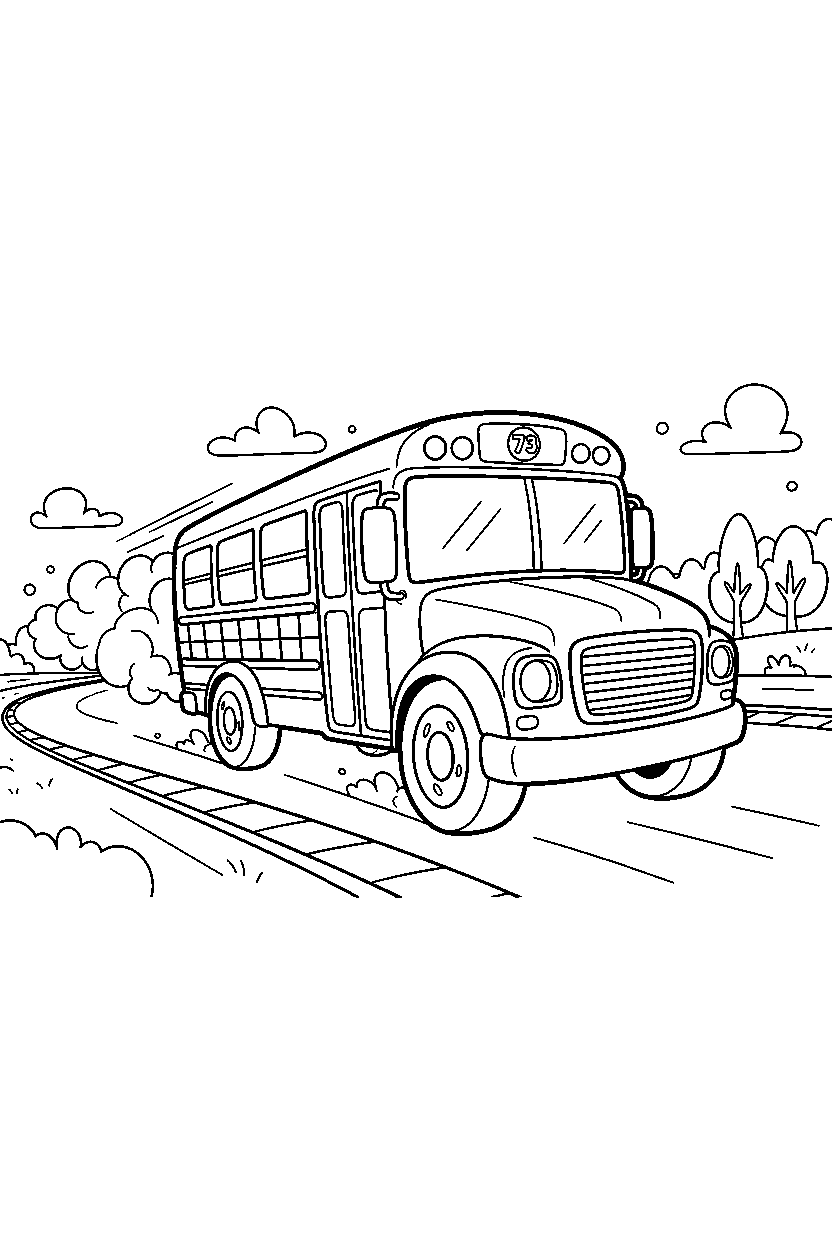school bus moving on a race track line art
