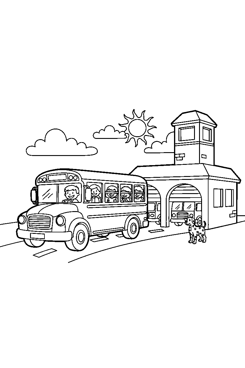 school bus rolling at a fire station line art
