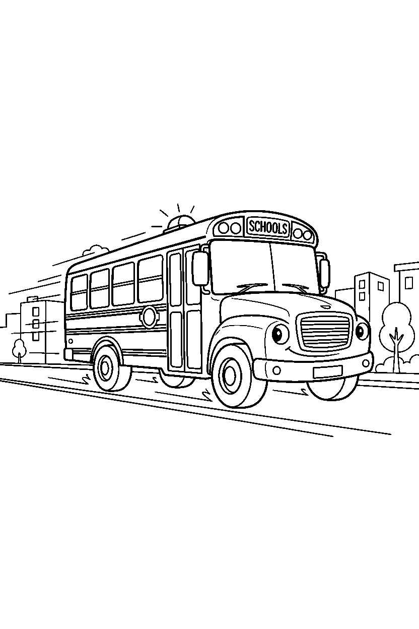 school bus speeding up on a city street line art