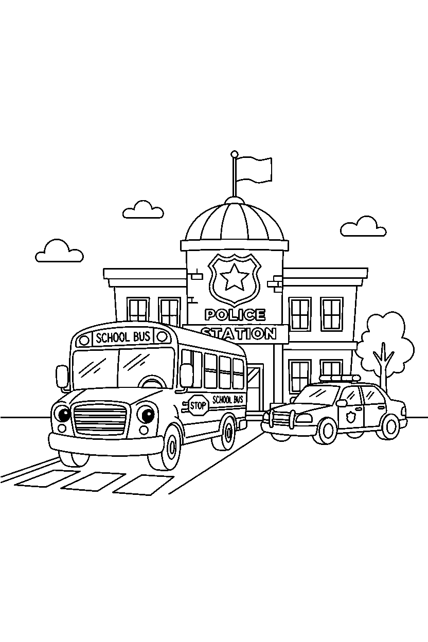 school bus stopping at a police station line art