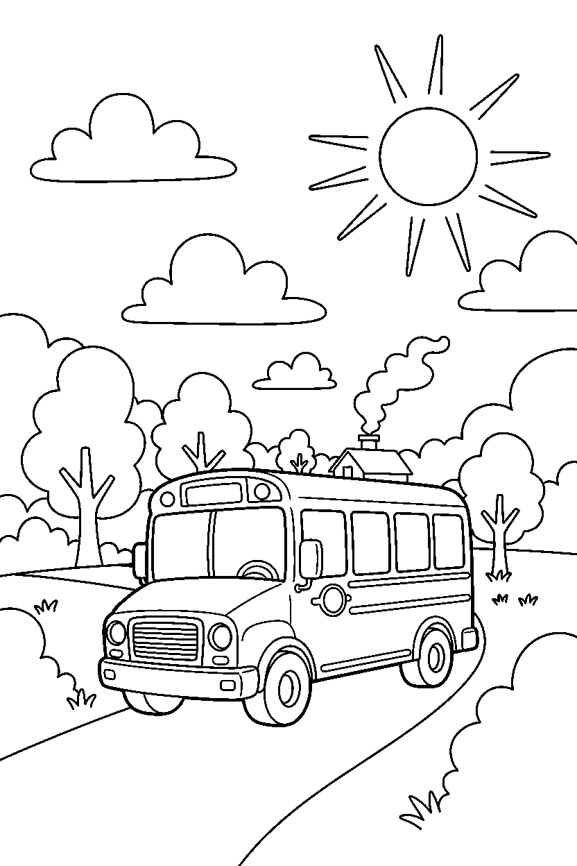 school bus waiting patiently on a country road line art