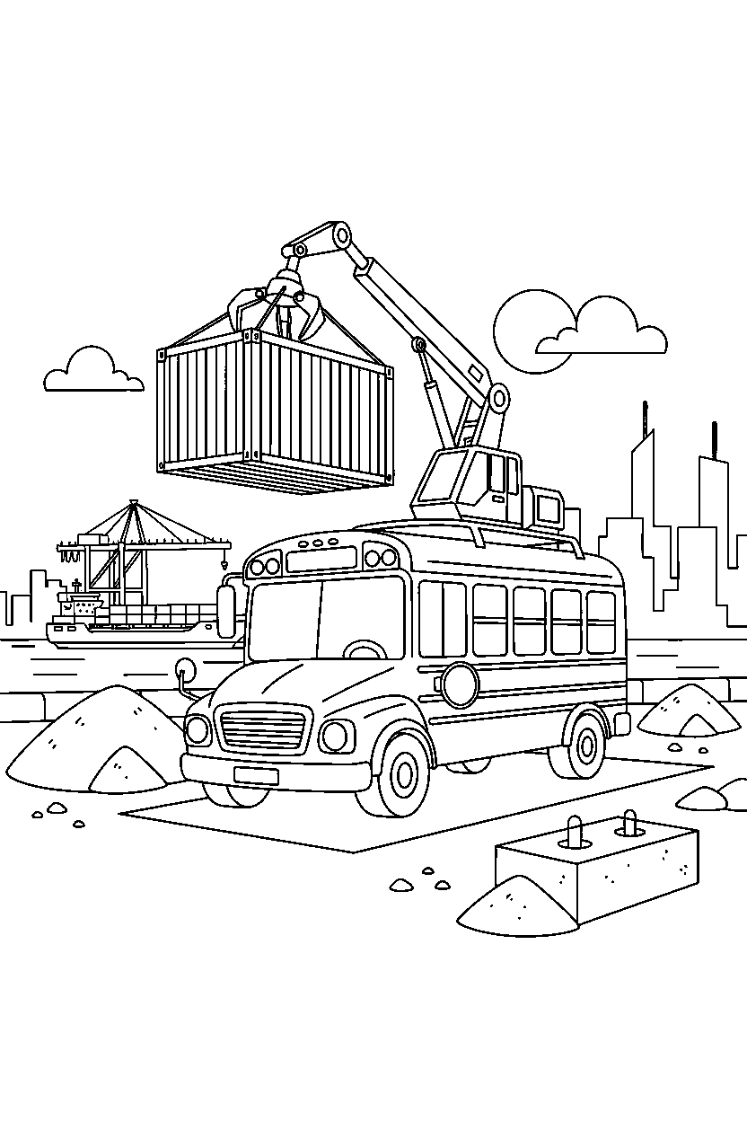 school bus working at a job site at a harbor line art