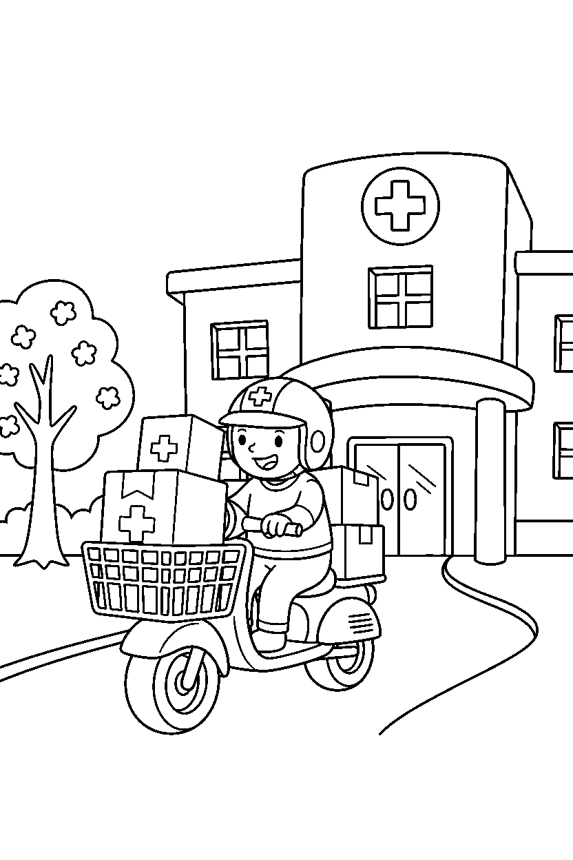 scooter picking up cargo at a hospital line art