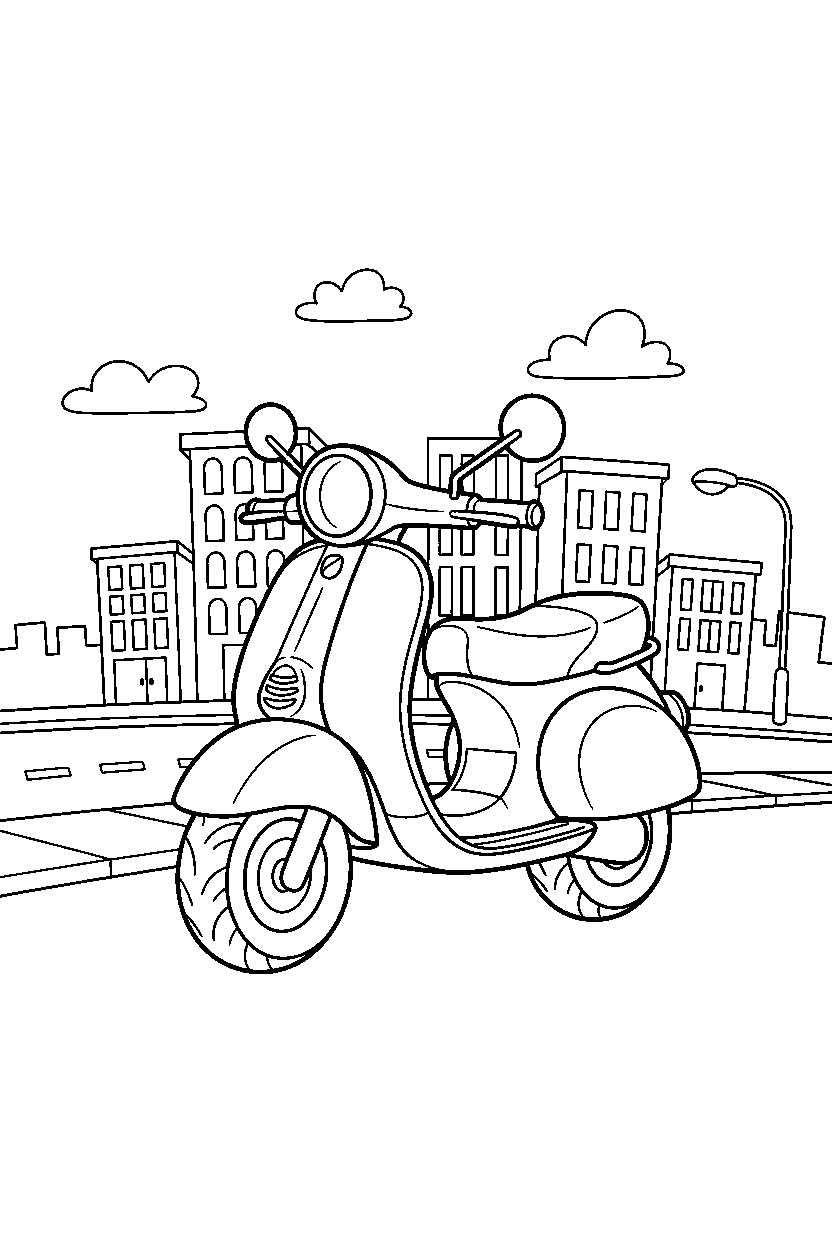 scooter standing proudly in a cartoon city line art