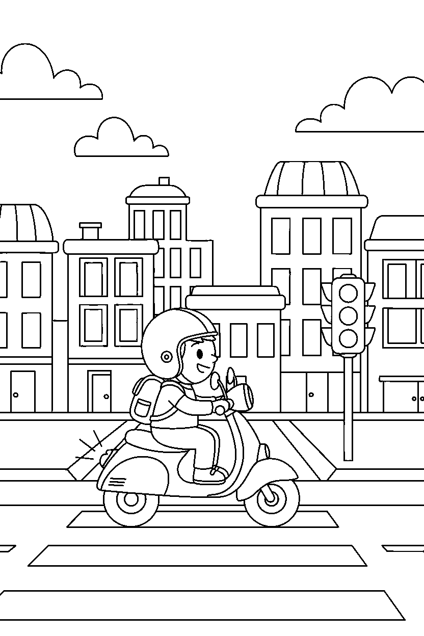 scooter stopping safely in a cartoon city line art