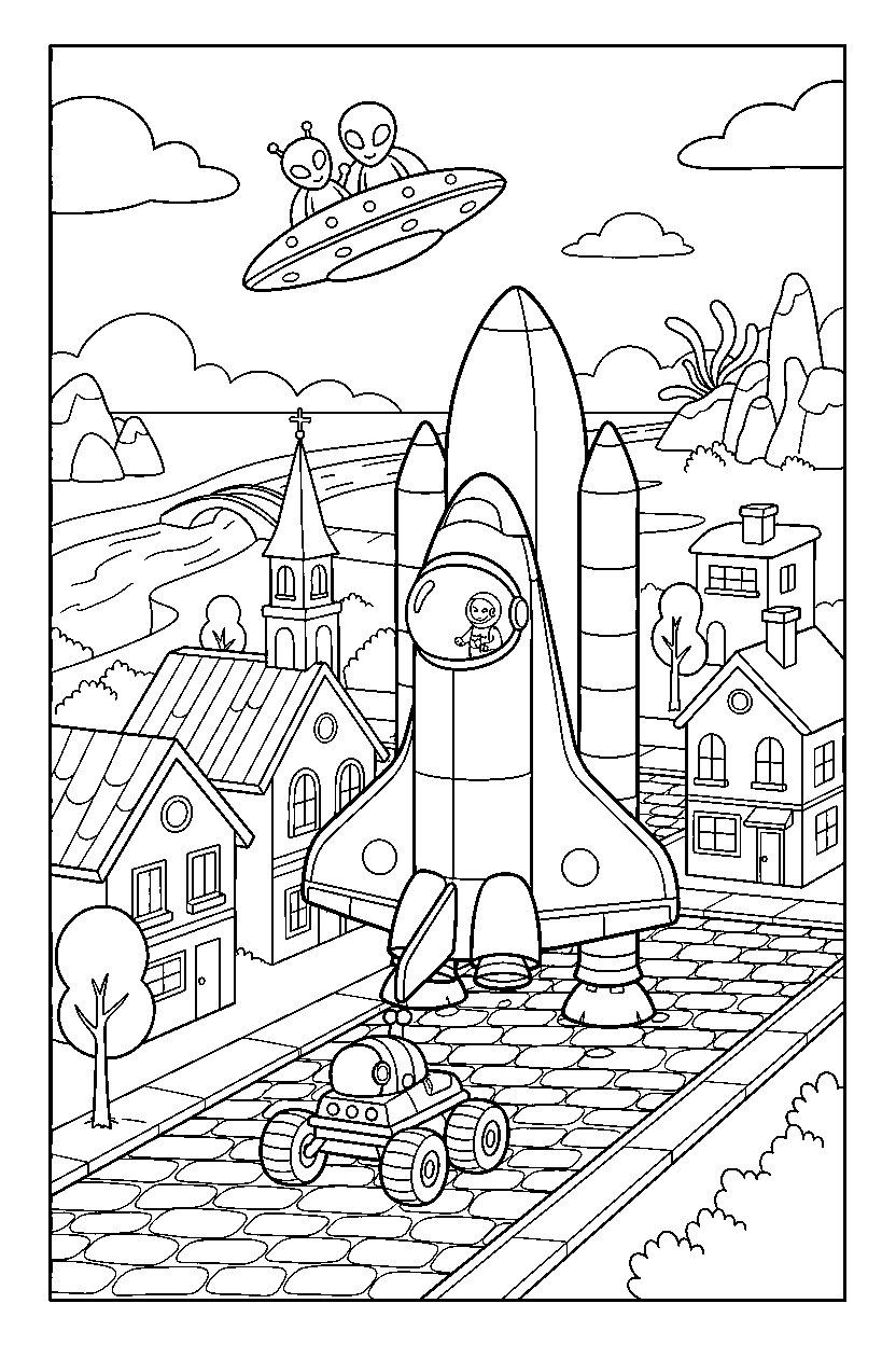 space shuttle exploring a new place in a small town line art