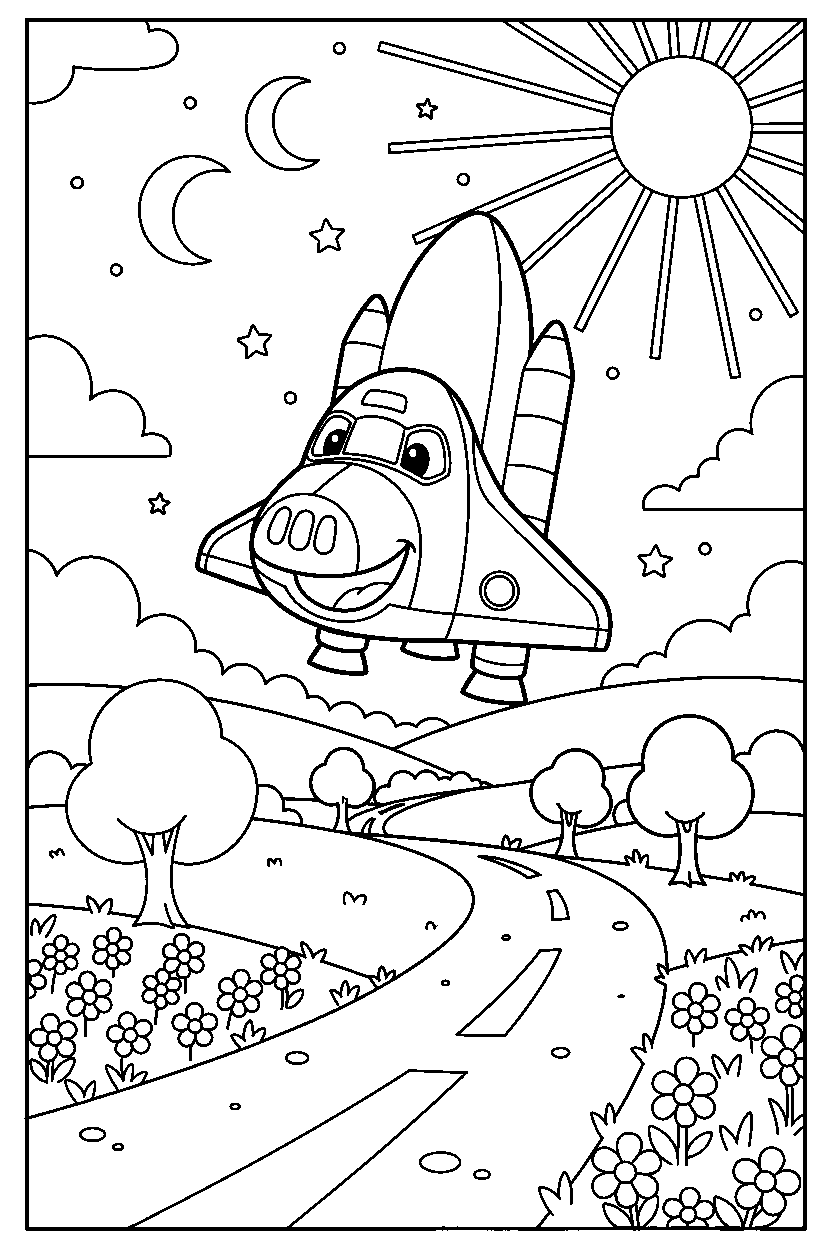 space shuttle smiling happily on a country road line art