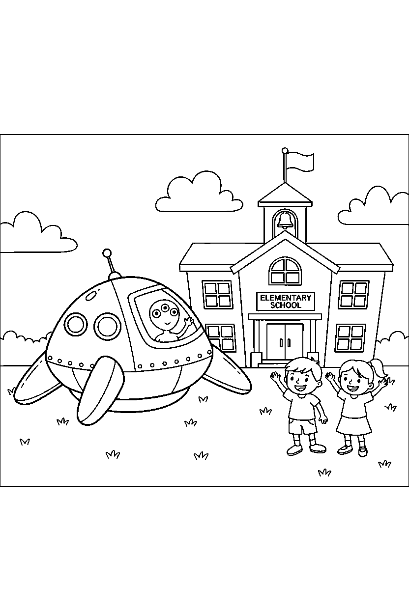 spaceship stopping safely near a school line art