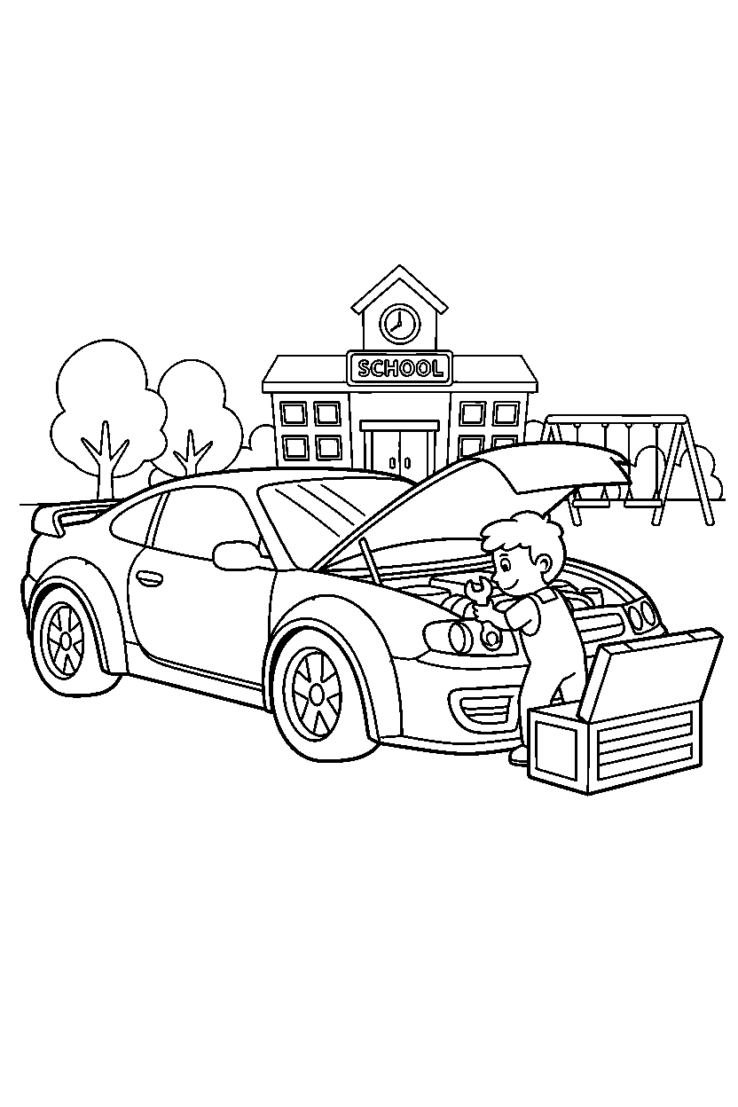 sports car getting repaired near a school line art