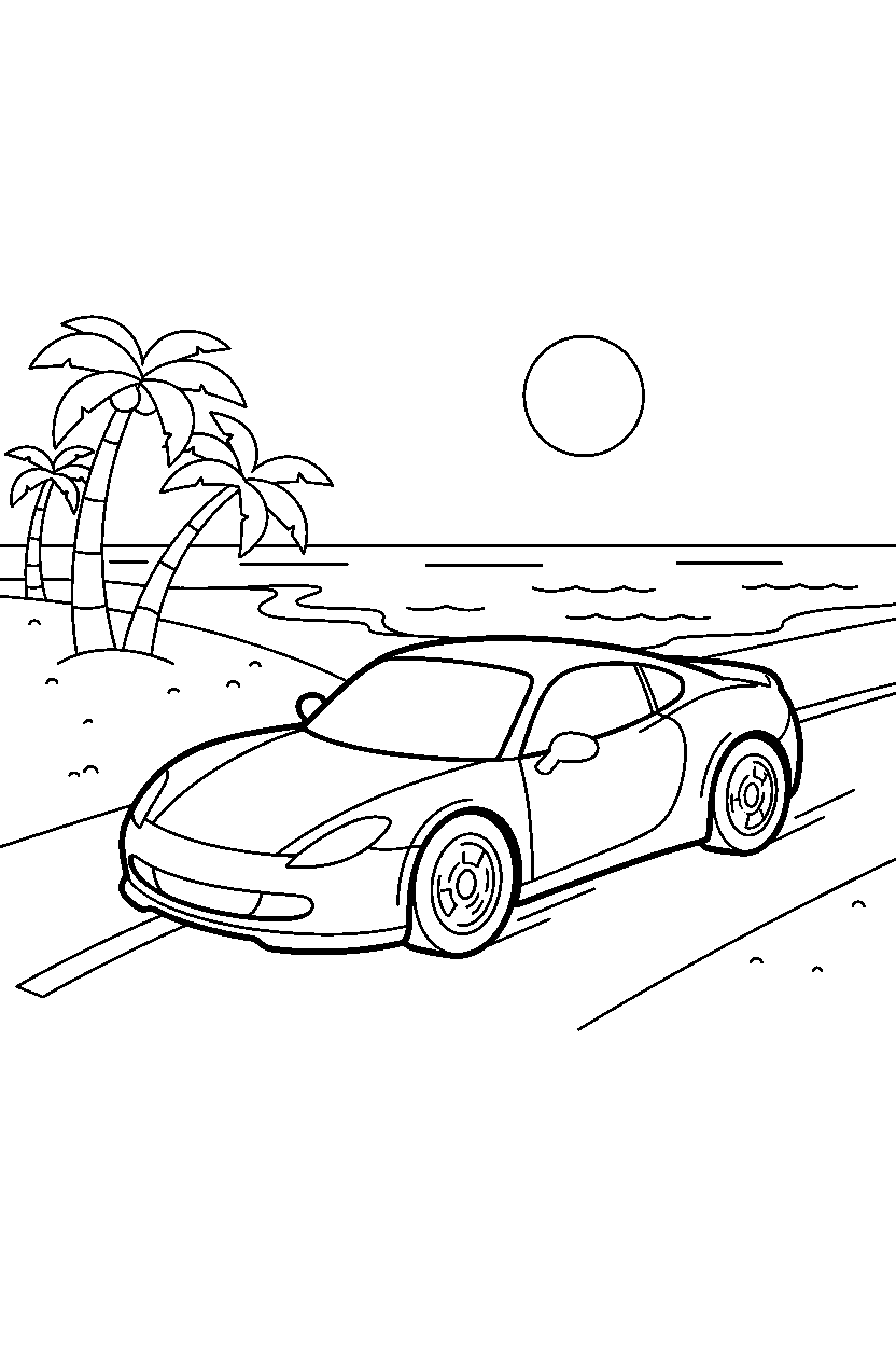 sports car moving near the beach line art