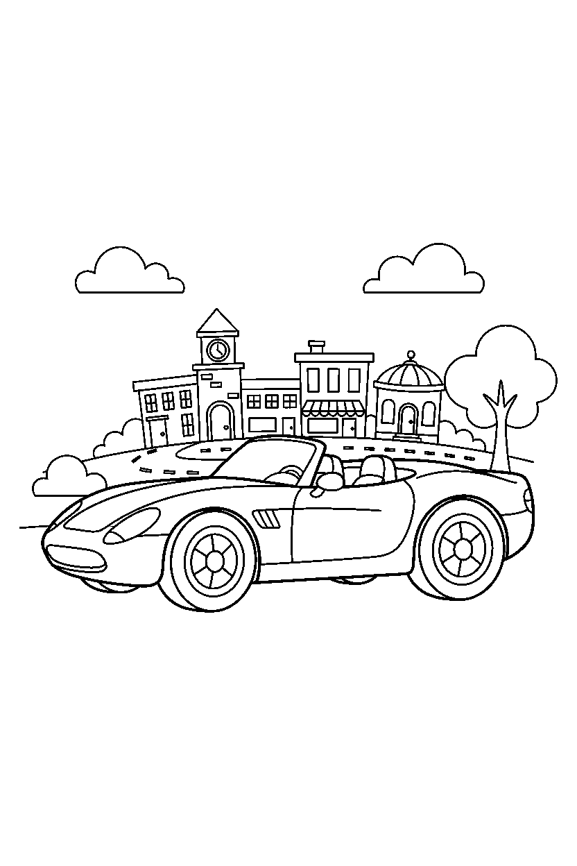 sports car rolling forward in a small town line art