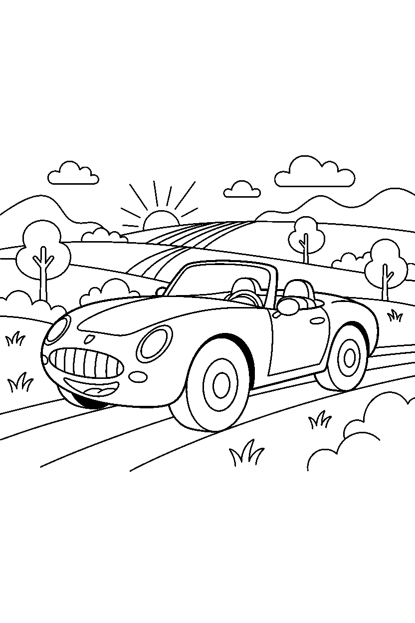 sports car starting a trip in the countryside line art