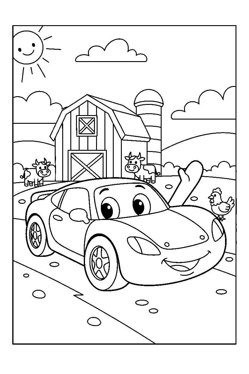 sports car waving happily near a farm line art