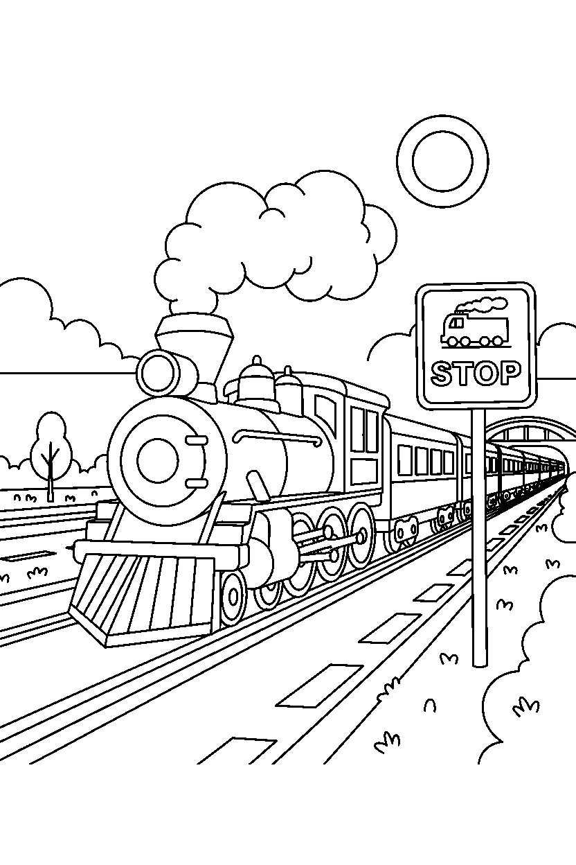 steam train waiting at a stop on a highway line art